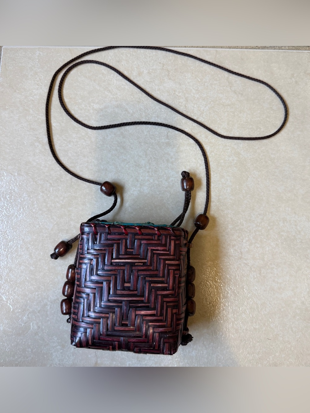 Fabindia Handwoven Bamboo Basket Mini Crossbody Backpack Purse Wooden Beads Boho